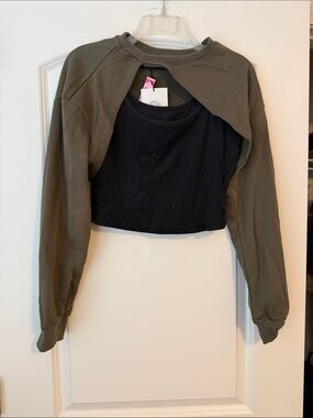 Women’s Cropped Black Tank with Olive Green Shrug
